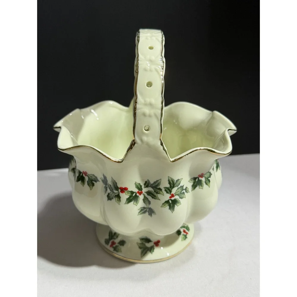 Living Quarters Christmas Holly Ceramic Basket Gold Trim Scalloped Candy Dish